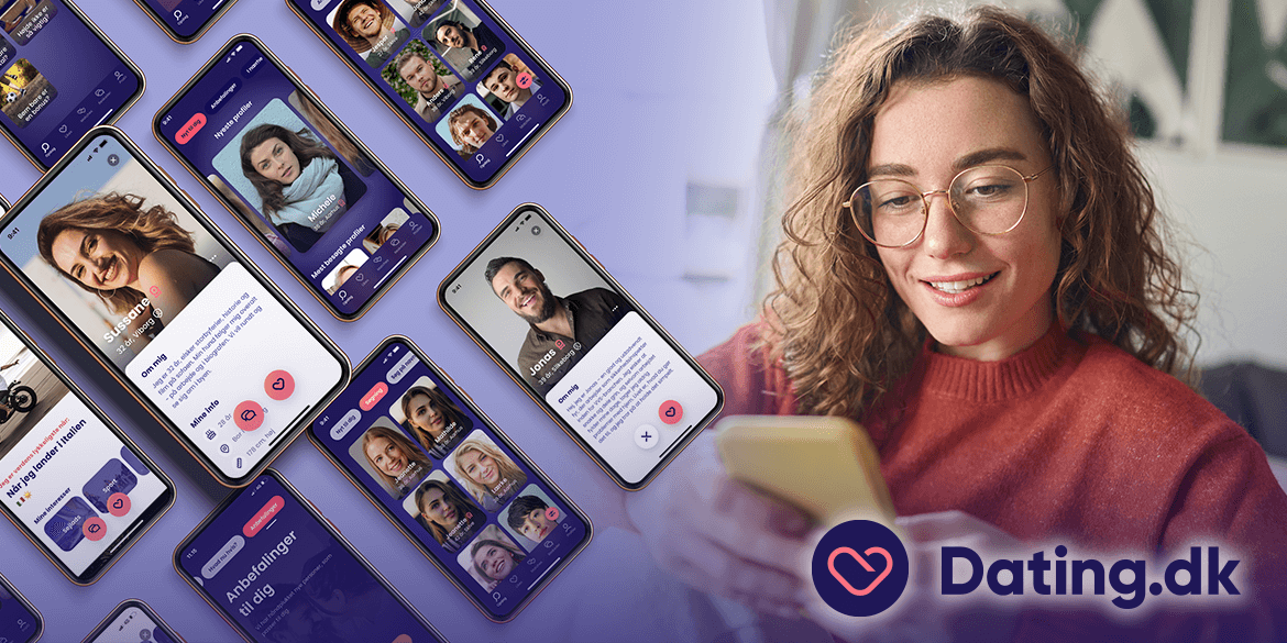dating.dk lancerer ny app A young woman with glasses uses smartphone, online dating concept, screenshots of new dating.dk app in the foreground